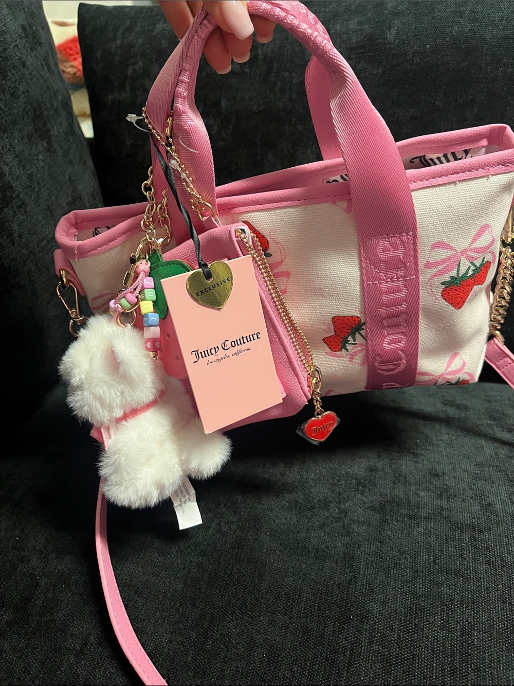 Juicy Couture Pink and Cream Strawberry Canvas Mini Tote with Charms